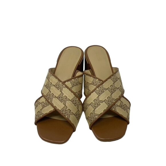 MK Michael Kors Sz 9 Abbott Open Toe Mule Beige/Ebony Logo Block Heel NWOB - Picture 2 of 9